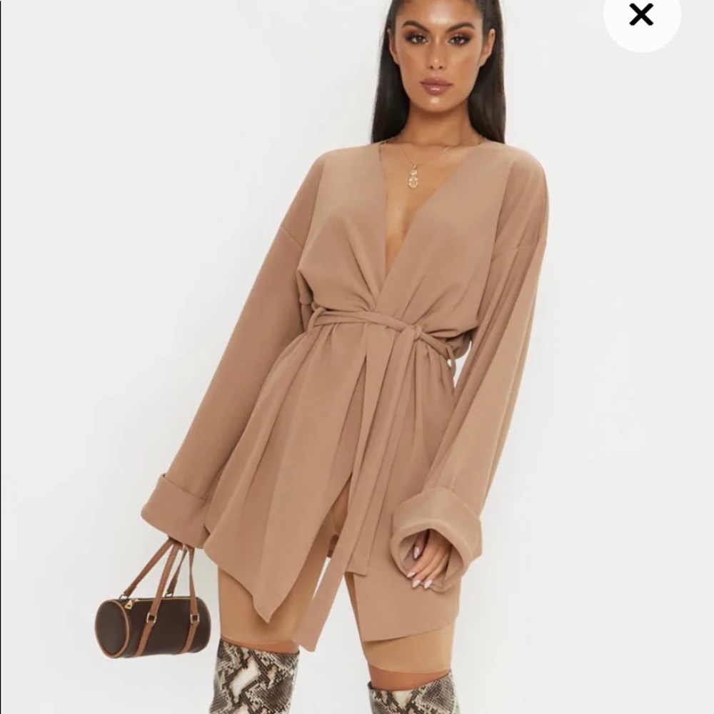 Camel Belted Oversized Sleeve Blazer